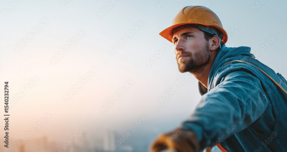 Poster a man observes the skyline, contemplating smart materials and their applications. his focus is on sh