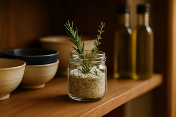 Glass jar filled with homemade herb sea salt, garnished with fresh rosemary and thyme, placed on a wooden kitchen shelf.