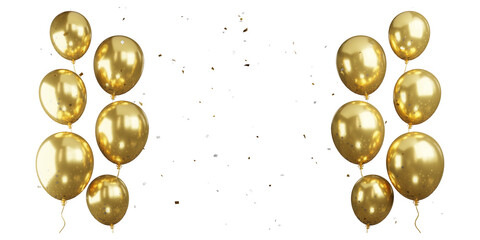 Golden Celebration Balloons with Scattered Glitter Particles on White; Luxurious Gold Balloons and Flying Confetti Isolated for Event Design