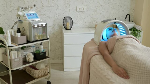 Woman undergoing led light therapy during hydrafacial treatment