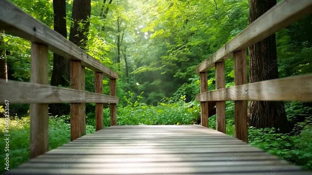 Poster bridge to serenity: a rustic wooden bridge beckons viewers into a lush green forest, inviting explor