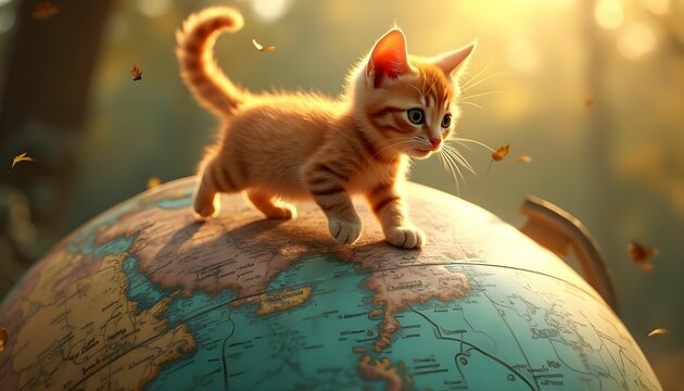Kitten explores a detailed globe surrounded by soft sunlight and falling leaves in a serene outdoor setting Generative AI