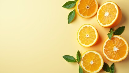 Fresh Citrus Fruits on Yellow Surface with Green Leaves for Bright and Vibrant Background
