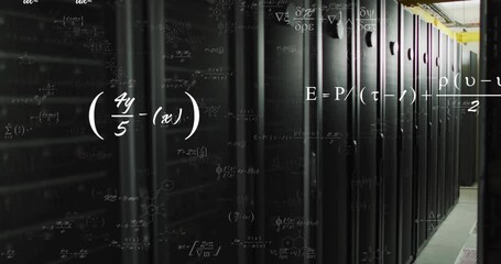 After pause formulas fading drifting across server racks, camera dollying forward visualizing data - Powered by Adobe