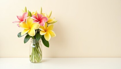Beautiful bouquet of yellow and pink flowers in a mason jar on a light background