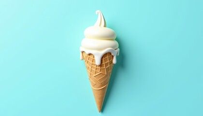 Creamy Vanilla Ice Cream Cone with Dripping Frosting on a Vibrant Blue Background