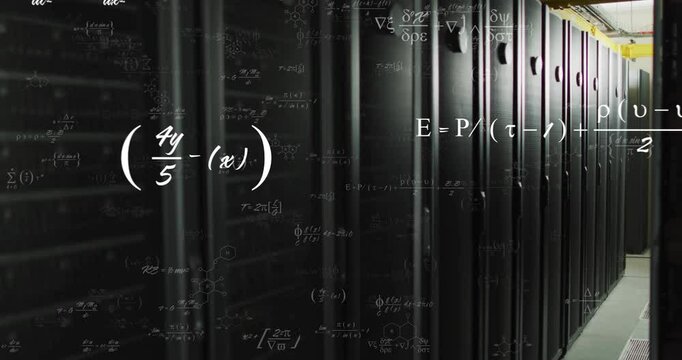 After pause formulas fading drifting across server racks, camera dollying forward visualizing data