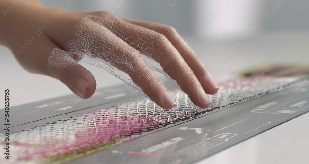 Aufkleber A hand gently touches a surface made of smart materials that showcase shape memory abilities, demonstrating the transformation of adaptive liquid metal in a laboratory setting.