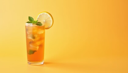 Refreshing Ice Tea with Lemon Slice and Mint on Bright Yellow Background