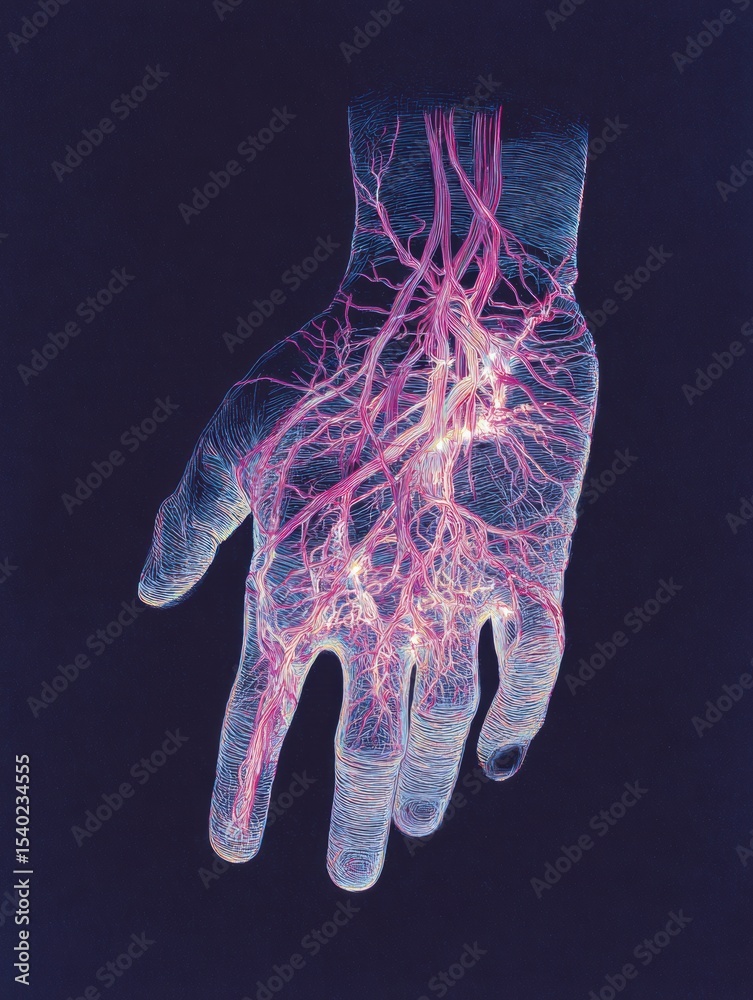 Poster pastel illustration showcasing a human hand with glowing nerve routes highlighting anatomy in a capt