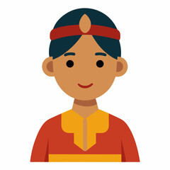 Vector avatar of a young indigenous boy wearing traditional clothes and smiling, educational theme, flat design, white background