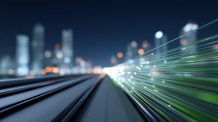 Digital optical fiber with blurred city night scene background