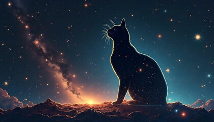 Cat silhouette against a starry night sky with cosmic colors showcasing the beauty of the universe Generative AI