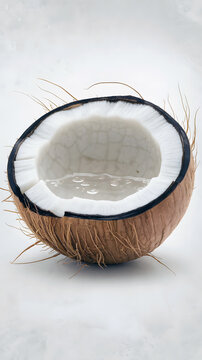 A photorealistic image of a young coconut half with smooth, white flesh and a thin, light brown fibr