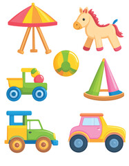 Obraz premium Toy train vector icon set with a wooden toy train on a white background, perfect for a baby or child's fun vehicle illustration