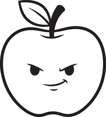 An apple with a mischievous expression and leaf, outlined in black