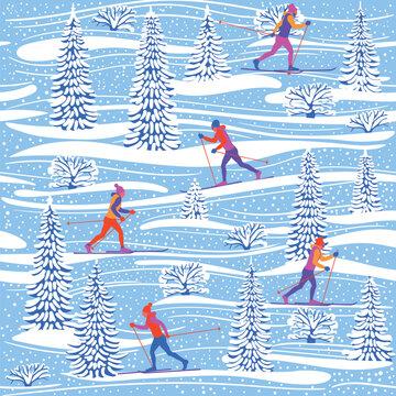 Cross-skiing people man woman winter snow covered trees pines sports activity seamless pattern, vector illustration repeat design print stock illustration