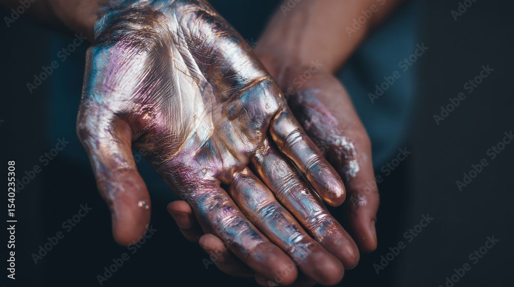 Aufkleber Hands display a fascinating transformation as they manipulate smart materials. Shapeshifting alloys and liquid metal, including mercury, exhibit unique adaptive properties in this captivating moment.