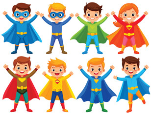 Cartoon illustration set of smiling children in various Superheroes outfits