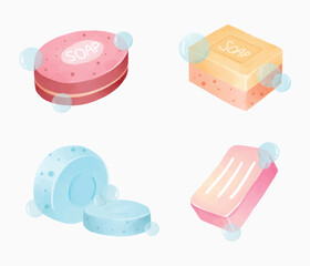 Cute and beautiful bar soap watercolor illustration collection set. Pretty soap for hygiene and cleanliness of the body in vector isolated doodle art.