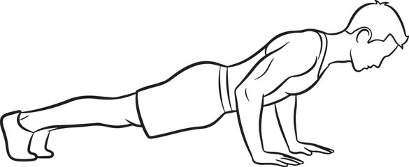Black and white line drawing of a man doing a push up