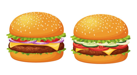 Two Colorful Detailed Cartoon Burgers with Toppings
