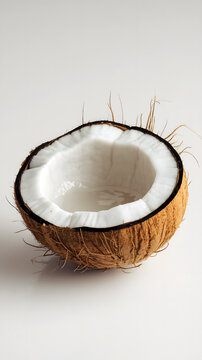 A photorealistic image of half a young coconut with smooth, white flesh and a thin, light brown fibr