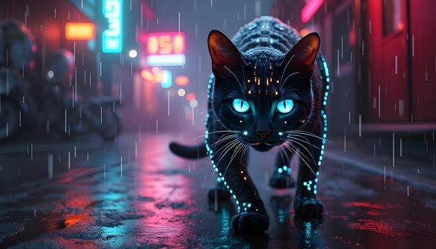 Black cat with glowing blue eyes walks in a rainy, neon-lit street surrounded by colorful signs in a futuristic cityscape at night Generative AI