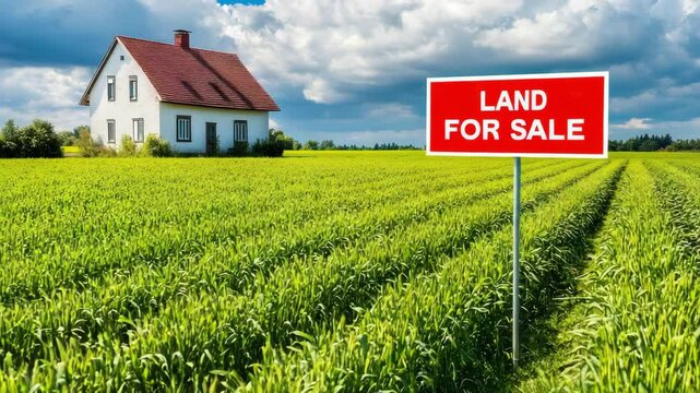 Red land for sale sign in meadow in summer, house on background