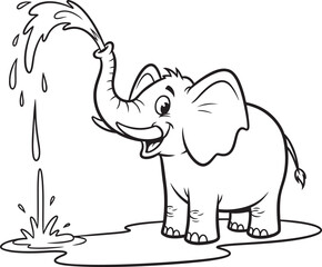 Cartoon elephant spraying water from its trunk in black and white