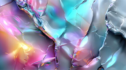 Abstract holographic background with vibrant pastel colors and irregular scratches, creating a futuristic, glowing texture with surreal, radiant accents.