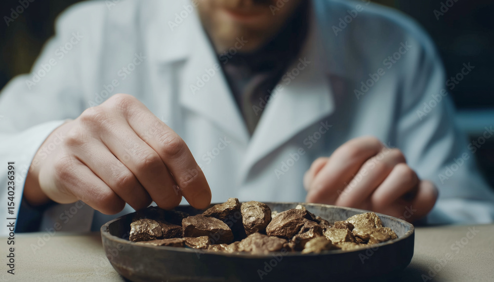 Poster A man in a lab coat carefully examines a collection of metallic samples on a tray. He is focused on the properties of shape memory alloys and their potential for adaptive applications in technology.
