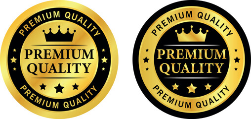 round premium quality badges in gold and black with crown and stars used for label or product branding	