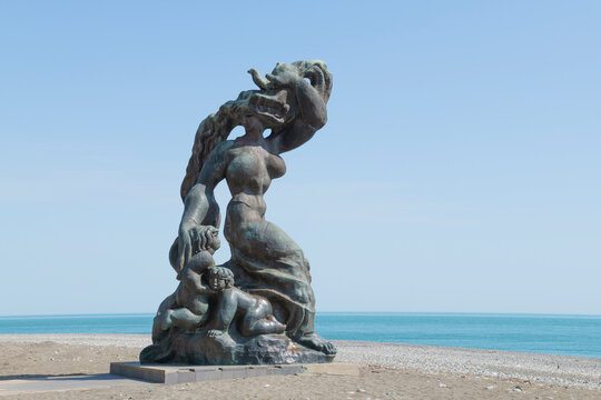 PITSUNDA, ABKHAZIA - MAY 09, 2025: Sculpture of the mythical Medea on the shore of the Black Sea on a sunny day