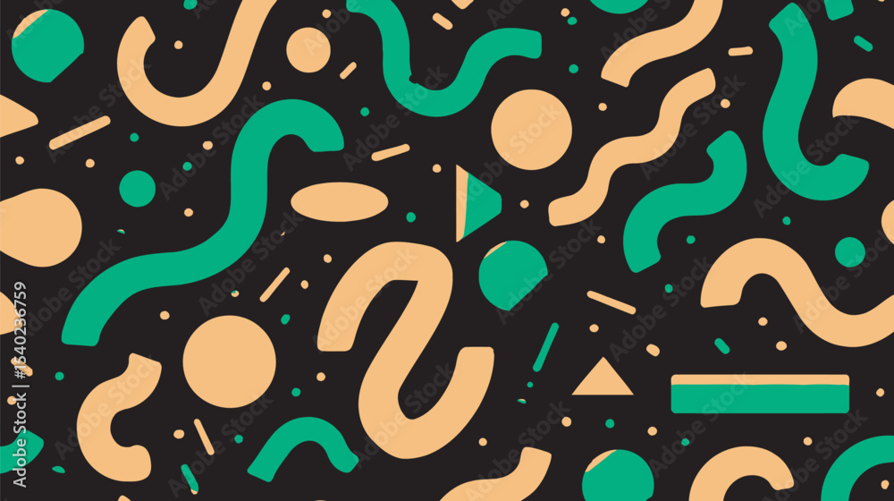 Poster abstract shapes float randomly across the dark background generating playful energy