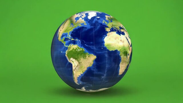 A 3D globe of Earth on a green screen background. The globe shows continents and oceans in realistic colors, isolated against a vibrant green backdrop.