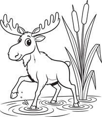 Cartoon Moose Walking in Water with Cattails Black and White Outline