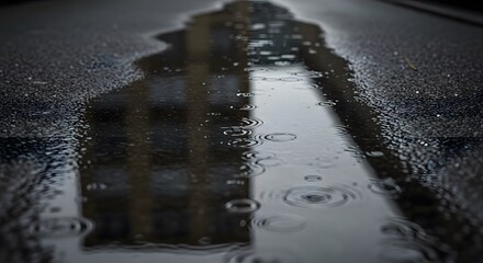 Rain puddle on asphalt reflecting urban building during rainy day