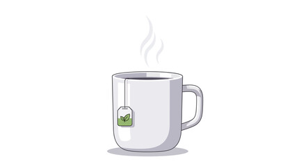 Cartoon illustration of a steaming mug with a tea bag