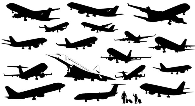 Silhouetted Airplanes and Passengers Depicting Air Travel and Aviation