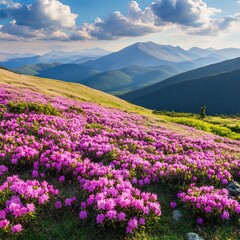 Obraz premium view in lawn with rhododendron flowers. Mountains landscapes. Concept of nature rebirth. Save Earth. Amazing summer day. Location Carpathian, Ukraine, Europe.