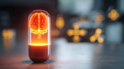Illustrated brain encapsulated in a pill-shaped capsule, symbolizing breakthroughs in medical research and neuroscience advancement, healthcare campaigns, pharmaceutical advertising