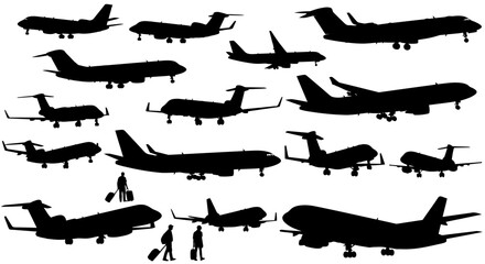 Silhouetted collection of various airplanes and passengers with luggage, ready for travel