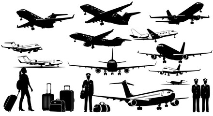Silhouetted Airplanes, Passengers, and Crew Depicting Travel and Aviation.