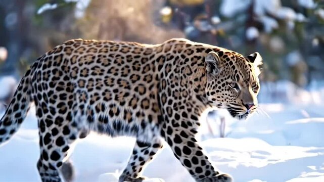 Amur Leopard Walking in Snowy Forest at Dawn &ndash; Cinematic 4K Wildlife Footage
