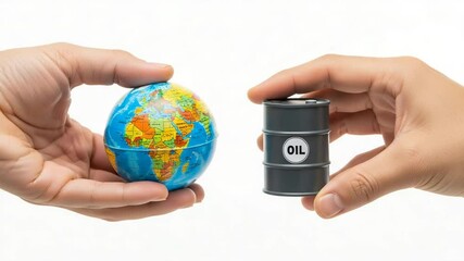 Hands holding a miniature globe and oil barrel illustrating the global dependency on oil - Powered by Adobe