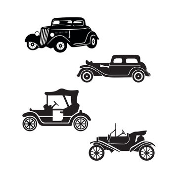 Silhouette icons of vintage classic cars, antique automobile vector set, retro car clipart for transportation history