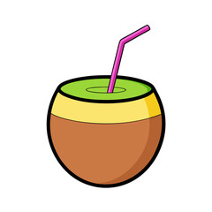 Cartoon illustration of a refreshing tropical coconut drink with a straw