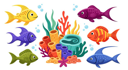 Naklejka premium Colorful Cartoon Fish Swimming Around a Vibrant Coral Reef Illustration