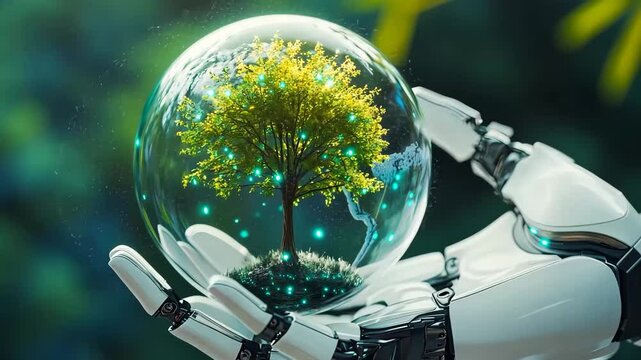 a robotic hand holding a glass ball containing a tree, symbolizing the fragile ecology of our planet.